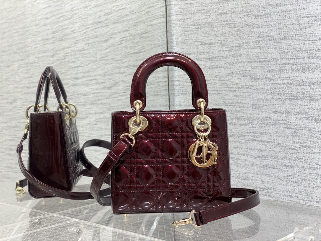 Small Lady Dior Bag Bordeaux Patent Cannage Calfskin